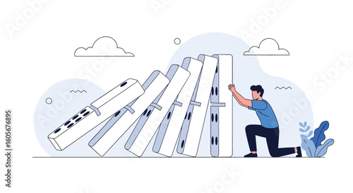 Man stopping a cascade of falling dominoes preventing a large collapse
