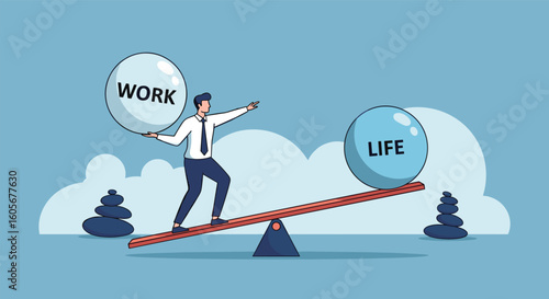 Man balancing work and life on a seesaw scale with clouds in background