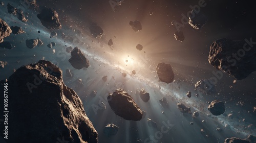 Cosmic Dance of Asteroids: A captivating view of a vast asteroid field. Celestial bodies navigate a cosmic dance against a backdrop of radiant starlight, an image that stirs the imagination.