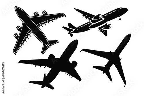 Airplanes in Silhouette: A collection of detailed airplane silhouettes showcased against a minimalist backdrop, offering various angles of the aircraft, perfect for design and aviation enthusiasts.