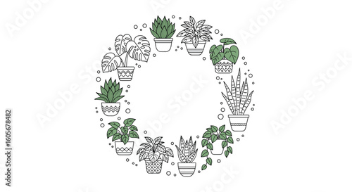 A decorative circle arrangement of various potted greenery and floral sprigs
