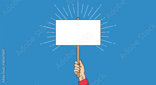 Protest sign held high on a stick with rays emanating from a blank white board against a blue background
