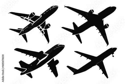 Air travel silhouettes: High-angle view showcases sleek airplane silhouettes, ready for takeoff. Perfect for travel-themed projects, transport concepts, and aviation-related visuals.