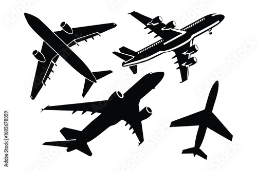 Airborne Fleet: A striking monochrome graphic, featuring an assortment of diverse aircraft silhouettes soaring high in the sky, evoking a sense of travel and adventure.