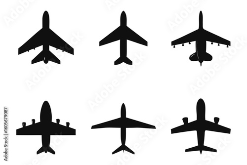 Aviation Armada: An assortment of silhouettes, each representing a distinct aircraft, stands out in high-contrast formation, showcasing a stunning array of shapes, sizes, and aerial capabilities.