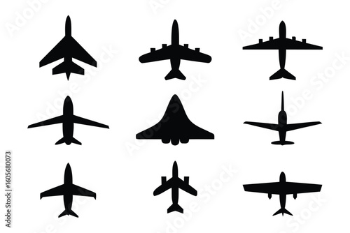 Diverse Aviation Silhouettes: A collection of nine distinct aircraft silhouettes, showcasing a range of designs, reflecting the variety and innovation in the world of aviation.