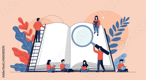 People studying exploring knowledge through an open book magnifying glass and ladder