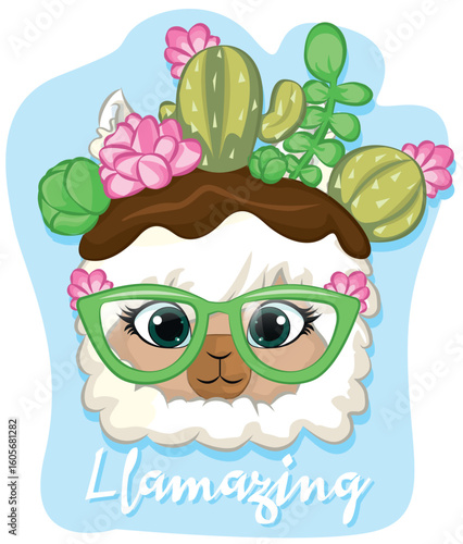 vector illustration of a llamas between the cactus. summer llama with eyeglasses.