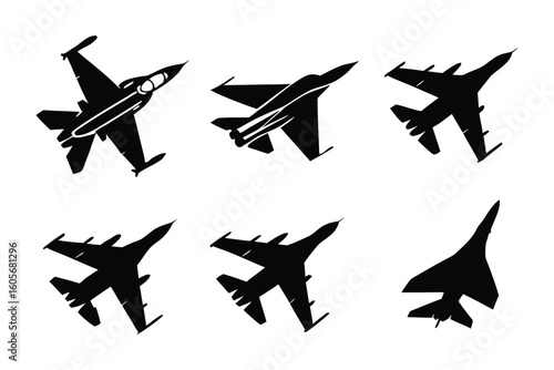Silhouette of fighter jet aircraft in various flying positions: A captivating display of sleek fighter jet silhouettes, showcasing the dynamism and power of aerial machines in various flight poses.
