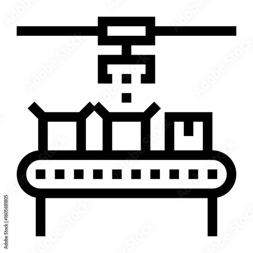 Icono de cadena de montaje. Caja abierta con producto y cerrada. Proceso industrial de ensamblaje. Ilustración vectorial 