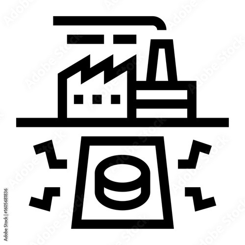 Icono de emergencia industrial. Botón de emergencia con rayos frente a una máquina. Sistema de seguridad. Ilustración vectorial 
