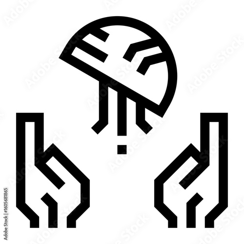 Icono de inteligencia artificial industrial. Manos robóticas sosteniendo un cerebro. Automatización avanzada y análisis de datos. Ilustración vectorial 