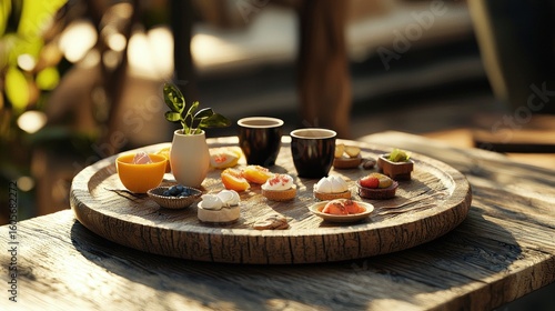 A selection of assorted pastries and desserts on a wooden platter.