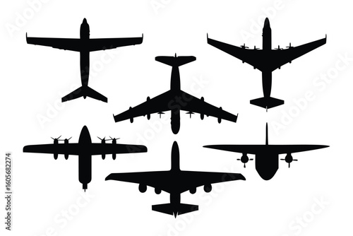 Airborne Armada: A striking silhouette showcases an ensemble of diverse aircraft soaring high above, each unique form a testament to the marvels of flight. 