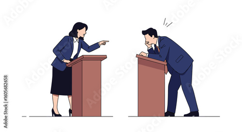 Political debate discussion argument disagreement opponents confrontation public speaking podium rivalry