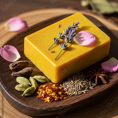 Handmade soap bar decorated with herbs and spices.