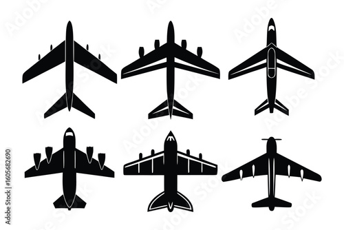 Silhouettes of Airborne Marvels: A striking graphic representation showcases six aircraft silhouettes from a top-down perspective, symbolizing the art of flight, the freedom of travel.
