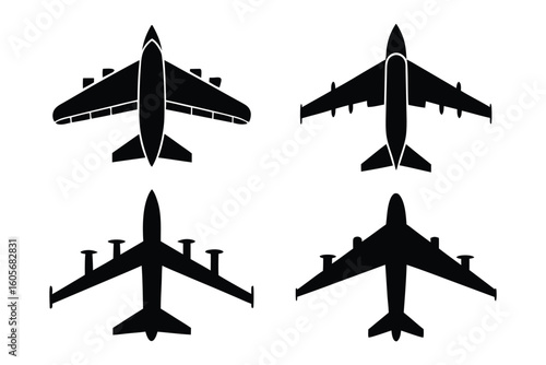 Aerial Silhouette of a Modern Jet: A sleek, black silhouette of a modern jet, captured from an overhead perspective, showcasing the sophisticated design of air transport. 