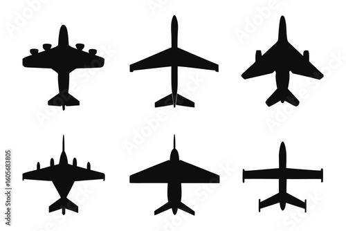 Airplane Silhouettes: A collection of striking black silhouettes of various airplanes, showcasing the diverse designs and functionalities of modern aircraft.