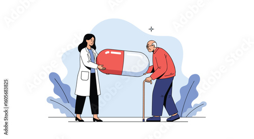 Geriatric patient receives large pharmaceutical medication capsule from healthcare professional helping hand