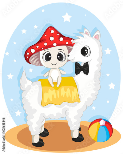Cute funny llama with mushroom character