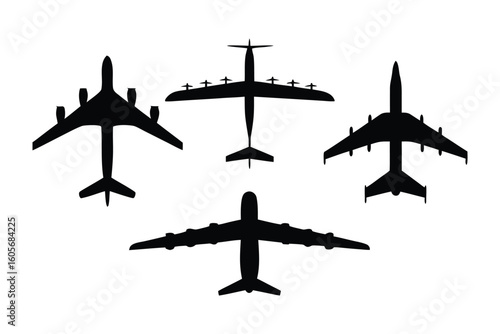 Air Armada: A stark, high-contrast silhouette of four different aircrafts, showcasing the unique design and majesty of flight against a neutral background.