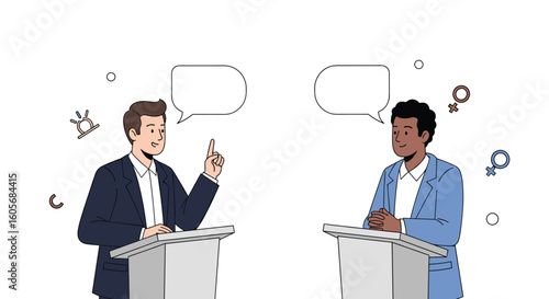 Two men in suits arguing at podiums representing debate and discussion