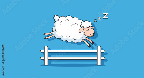 Cute cartoon sheep jumping over fence while sleeping peaceful restful nighttime activity