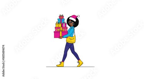Person carrying a stack of presents wearing a santa hat a festive holiday shopping spree