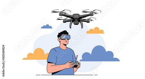Man piloting drone with remote control wearing virtual reality goggles in sky with clouds