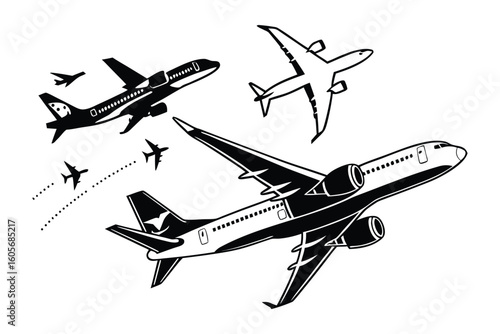 Soaring Dreams: An artistic collection of diverse aircraft soars against a bright, captivating backdrop. The image represents travel, progress, and the boundless freedom of aviation.