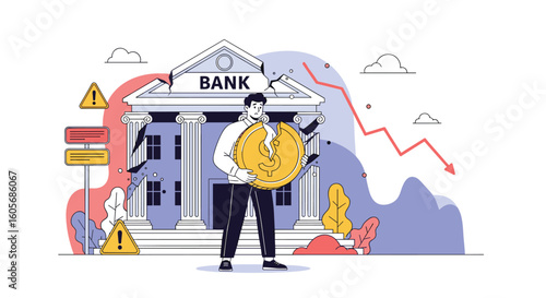 Financial crisis looming over bank building demonstrating economic downturn with red graph indicating decline