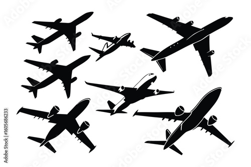 Airborne Fleet: A stunning array of silhouettes depict diverse airplanes soaring against a backdrop of endless possibilities, ready to elevate your creative vision.