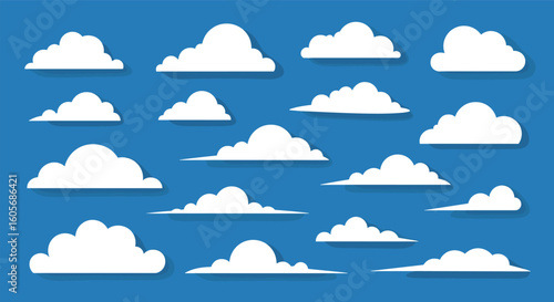 Collection of fluffy white clouds on a bright blue background with soft shadows