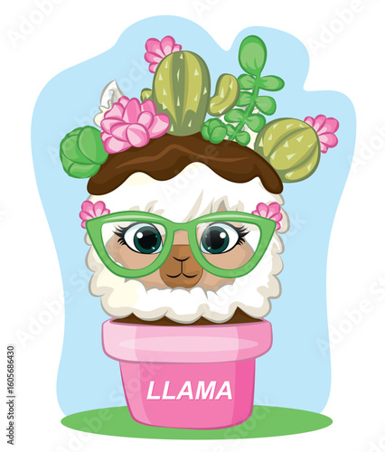 vector illustration of a llamas between the cactus and the vase. summer llama with eyeglasses. cactus plant in a vase.