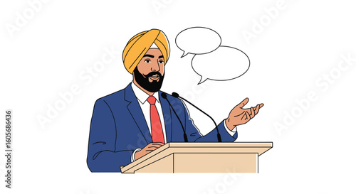 Politician speaking at a podium engaging in public discourse with speech bubbles