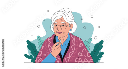 An elderly woman is shown taking a small pill or capsule for her health and well-being