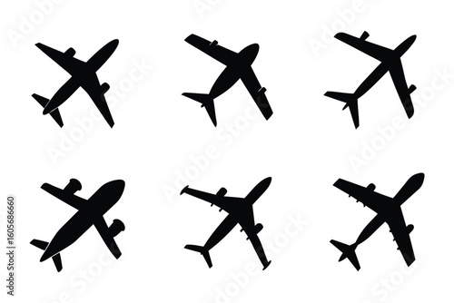 Silhouetted Airplanes: A collection of six silhouetted airplanes showcases a bird's-eye view, offering a minimalist and dynamic representation of flight and travel. 
