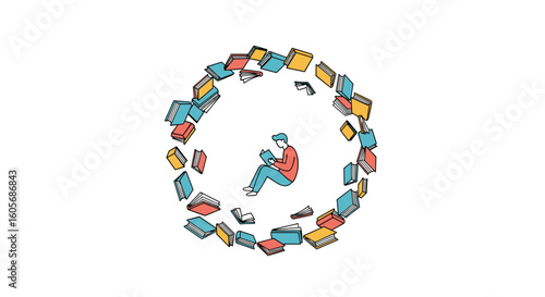 A person reading a book surrounded by a circle of books in a whimsical illustration style