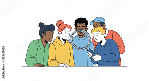 Diverse group of people examining something closely together