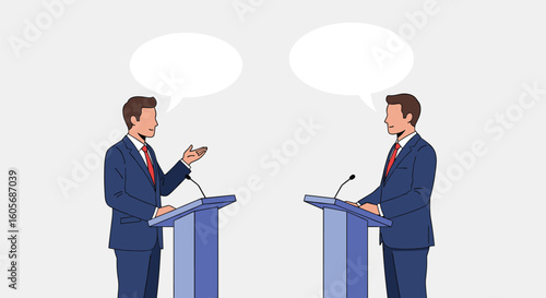 Two politicians engaging in a public debate discussing important national issues with open speech bubbles