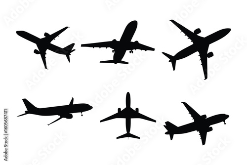 Airborne Shadows: A collection of sleek, dark silhouettes of airplanes against a backdrop, showcasing various perspectives of flight and the aviation industry.