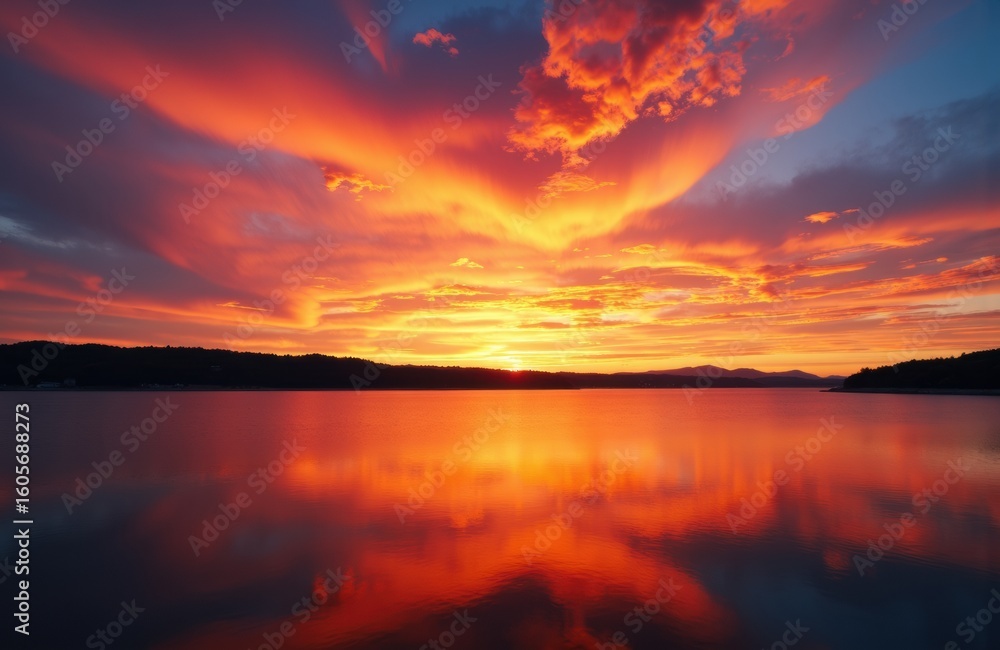 Fototapeta premium Vivid sunset over calm lake with colorful sky and reflected clouds creating a peaceful scene