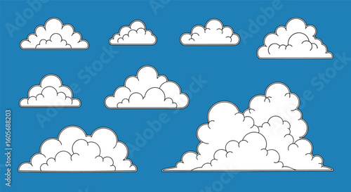 Illustrative compilation of stylized cumulus cloud formations against a clear blue sky