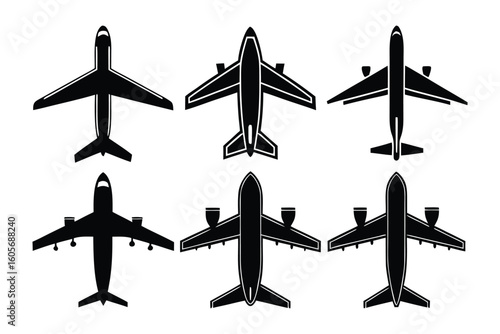 Aeroplane Silhouettes: A set of various aeroplanes, each meticulously crafted as a sleek silhouette, ready for takeoff and capturing the essence of flight.