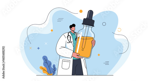 Doctor holding large bottle of yellow liquid with dropper and medical symbols