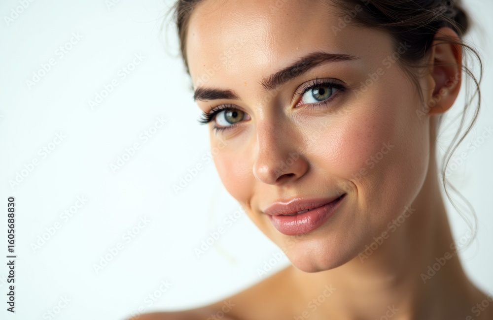 Fototapeta premium Woman with clear skin and bright eyes smiling softly in a close-up portrait