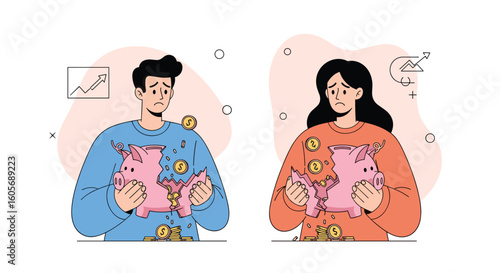 Financial strain affects couples saving money empty piggy banks symbolizing economic hardship and disappointment