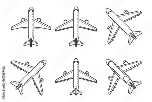 Aerial Airplane Perspective Collection: A stylized series of illustrations showcases airplanes from various top-down perspectives.