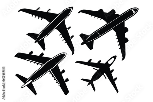 Silhouette of Jet Airplanes in Flight: A graphic and artistic depiction of four jet airplanes soaring through the air, conveying themes of travel, adventure, and the boundless expanse of the sky.